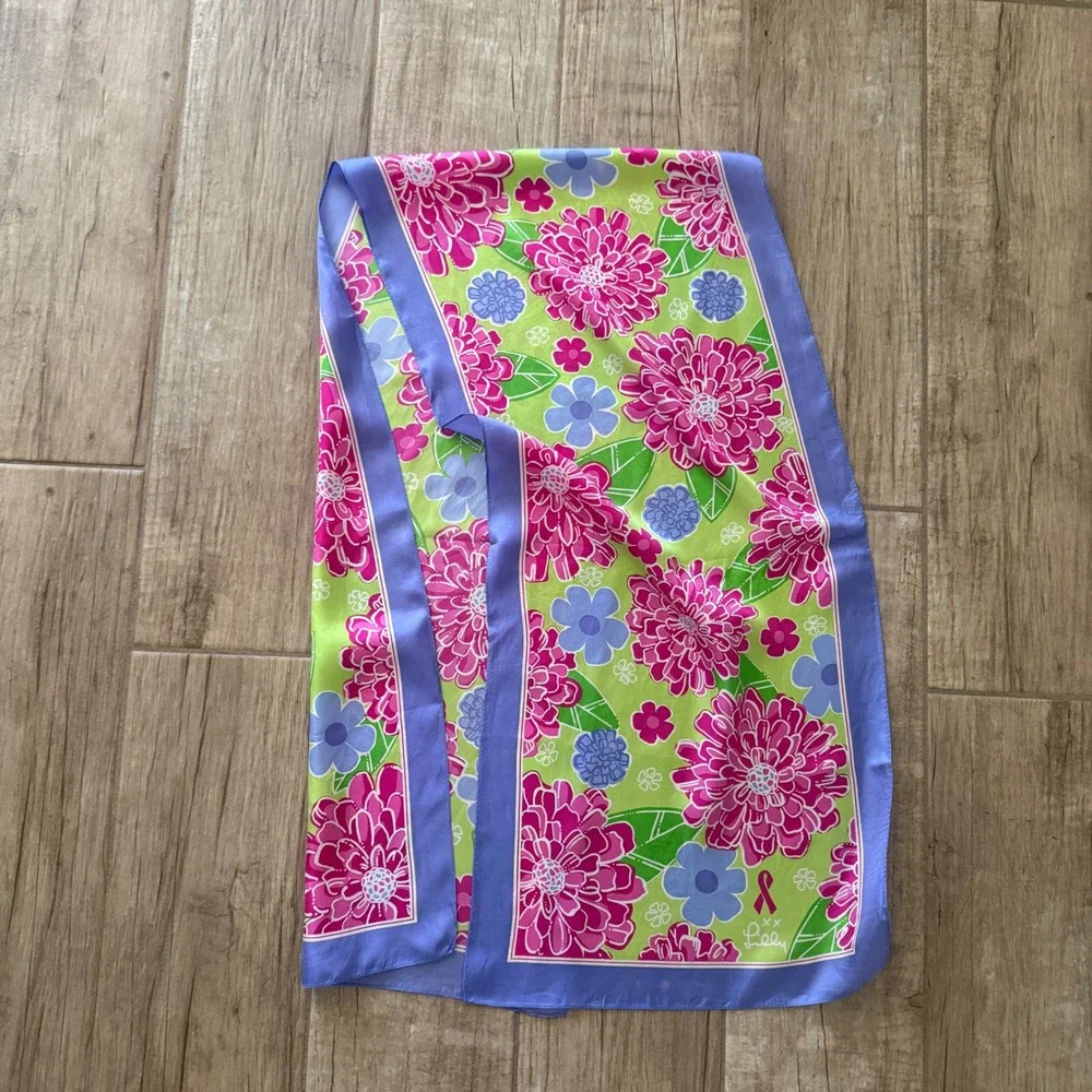 Lilly Pulitzer Ford Warriors in Pink Silk Floral Scarf Pink‎ Green Blue Ribbon